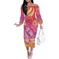 Polynesia Sea Turtle Couple Family Matching Off The Shoulder Long Sleeve Dress and Hawaiian Shirt One Soul One Love