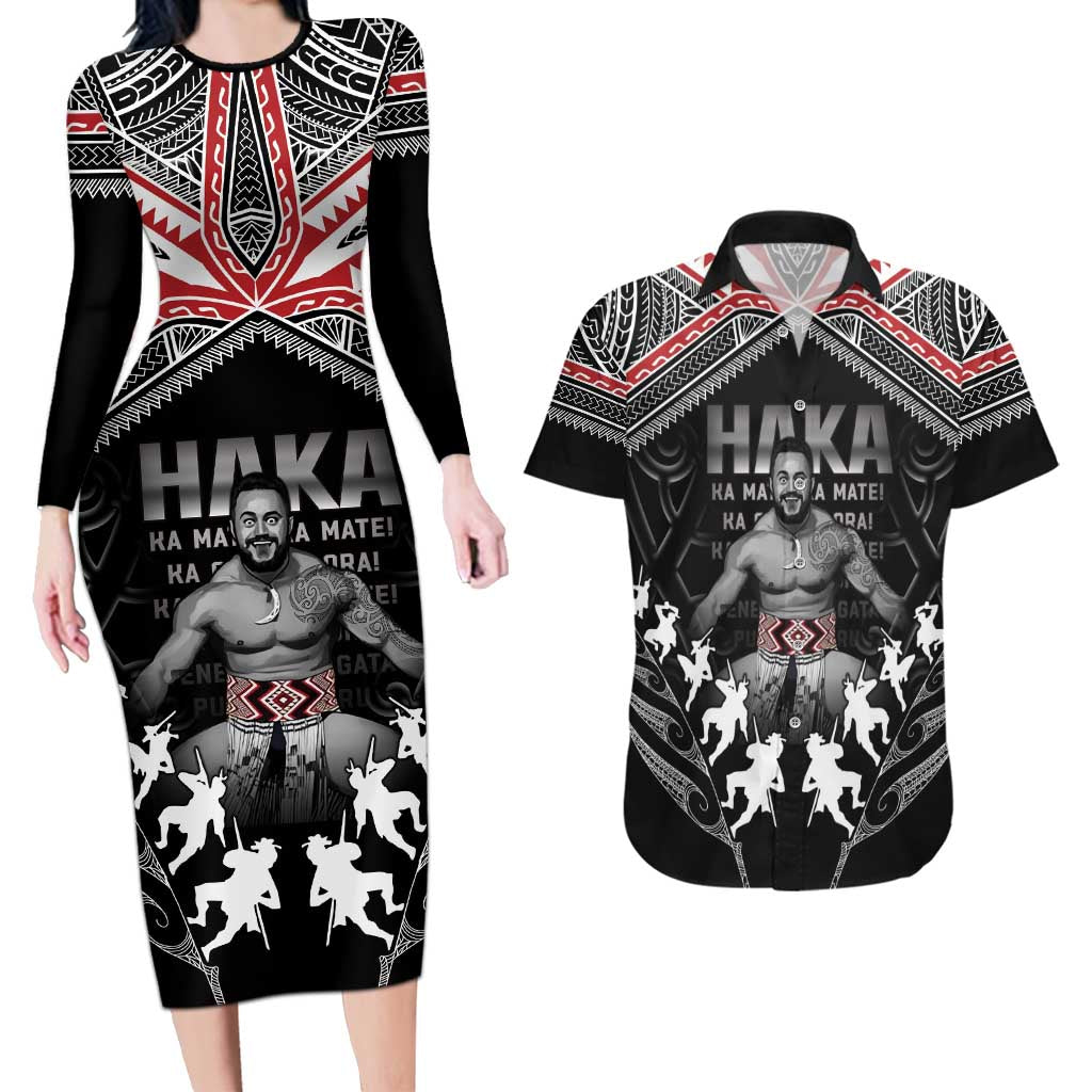 New Zealand Aotearoa Couples Matching Long Sleeve Bodycon Dress and Hawaiian Shirt Traditional Kapa Haka