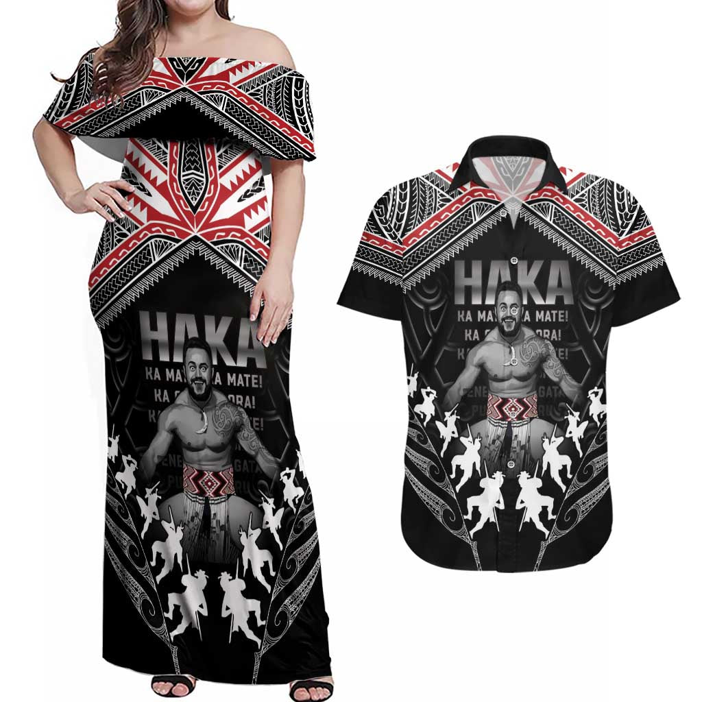 New Zealand Aotearoa Couples Matching Off Shoulder Maxi Dress and Hawaiian Shirt Traditional Kapa Haka