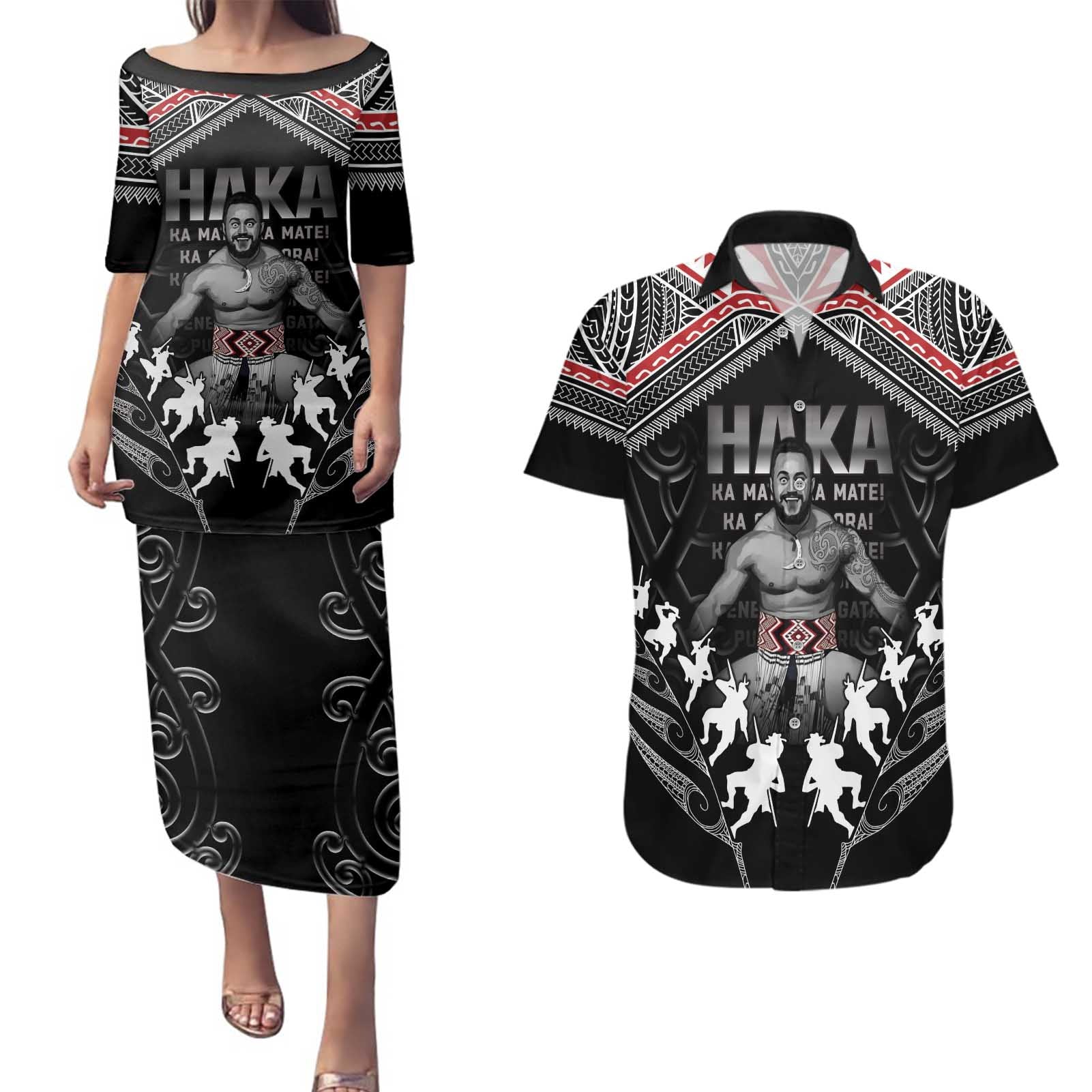 New Zealand Aotearoa Couples Matching Puletasi and Hawaiian Shirt Traditional Kapa Haka