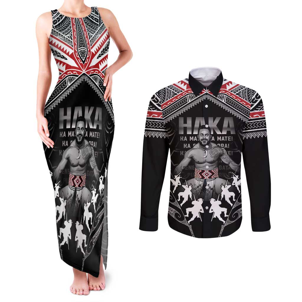 New Zealand Aotearoa Couples Matching Tank Maxi Dress and Long Sleeve Button Shirt Traditional Kapa Haka