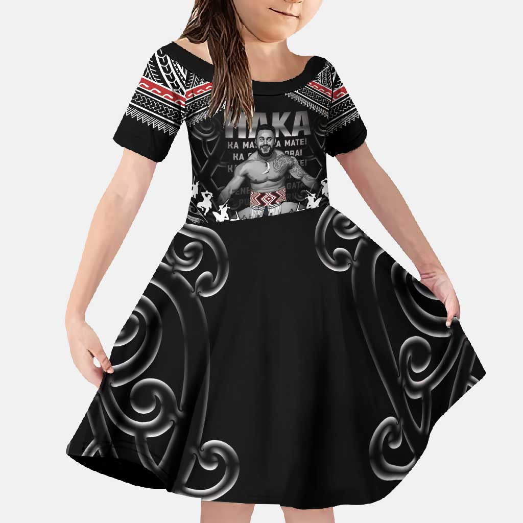 New Zealand Aotearoa Family Matching Tank Maxi Dress and Hawaiian Shirt Traditional Kapa Haka LT05 Daughter's Dress Black - Polynesian Pride