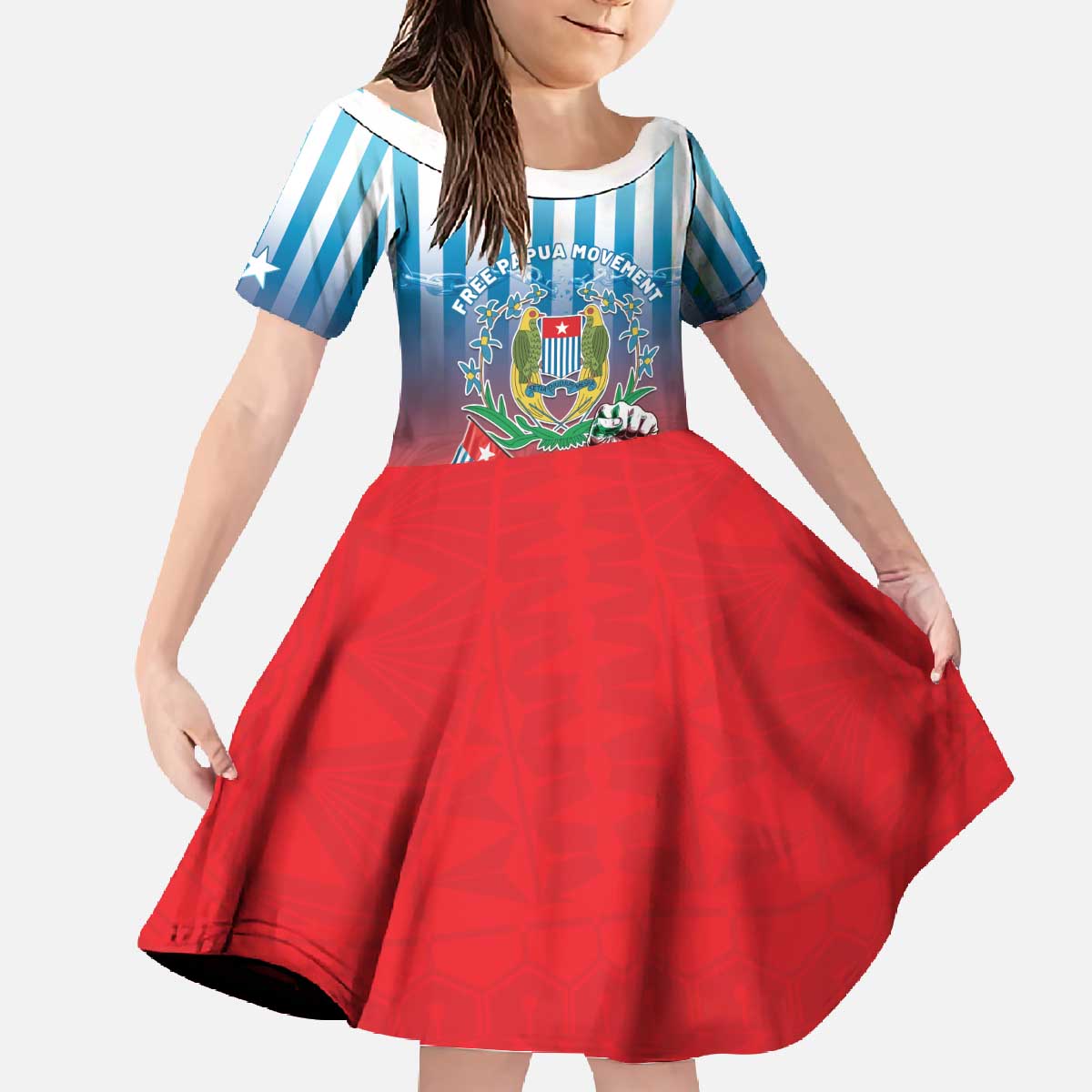 Personalised Free West Papua Family Matching Off The Shoulder Long Sleeve Dress and Hawaiian Shirt One People One Soul Unique Style LT05 Daughter's Dress Blue - Polynesian Pride