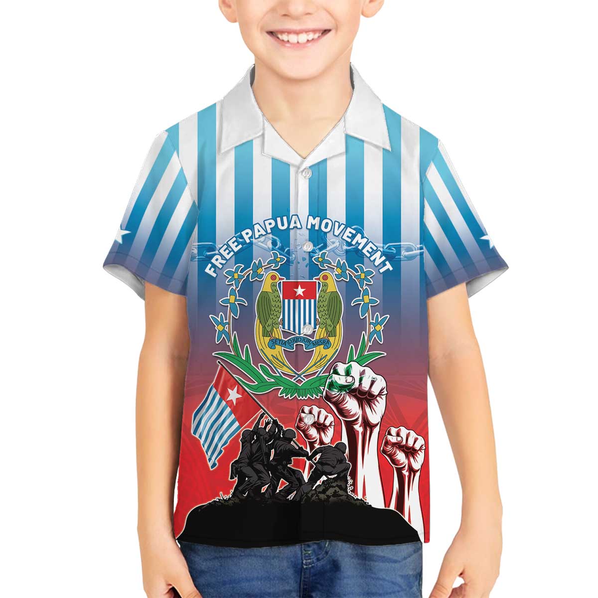 Personalised Free West Papua Family Matching Off The Shoulder Long Sleeve Dress and Hawaiian Shirt One People One Soul Unique Style LT05 Son's Shirt Blue - Polynesian Pride