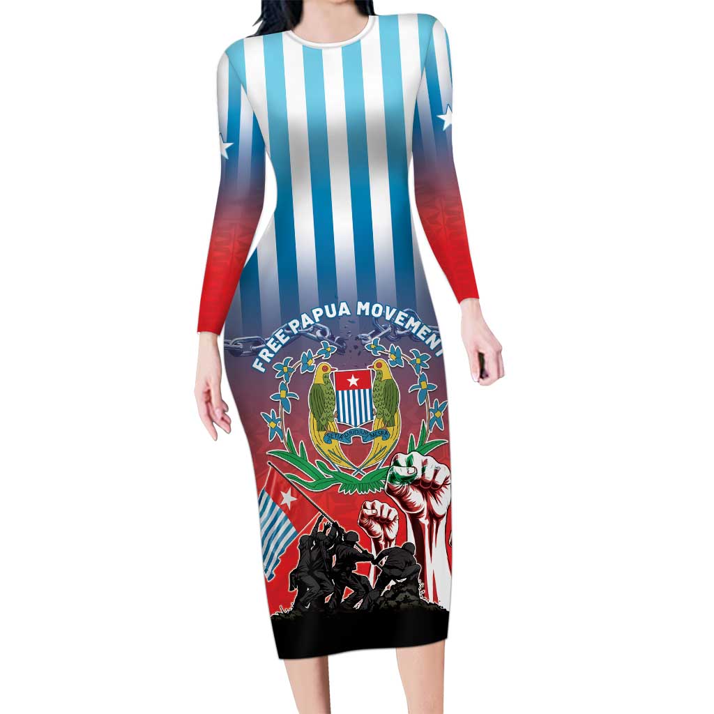 Personalised Free West Papua Long Sleeve Bodycon Dress One People One Soul Unique Style LT05 Long Dress Blue - Polynesian Pride
