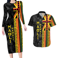 Hawaii Maoli Spirit Couples Matching Long Sleeve Bodycon Dress and Hawaiian Shirt Kakau Pattern With Flower Lei - Polynesian Pride