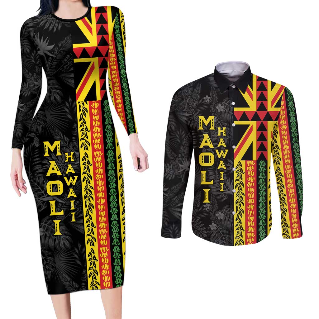 Hawaii Maoli Spirit Couples Matching Long Sleeve Bodycon Dress and Long Sleeve Button Shirt Kakau Pattern With Flower Lei - Polynesian Pride