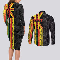 Hawaii Maoli Spirit Couples Matching Long Sleeve Bodycon Dress and Long Sleeve Button Shirt Kakau Pattern With Flower Lei - Polynesian Pride
