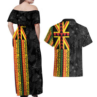 Hawaii Maoli Spirit Couples Matching Off Shoulder Maxi Dress and Hawaiian Shirt Kakau Pattern With Flower Lei - Polynesian Pride