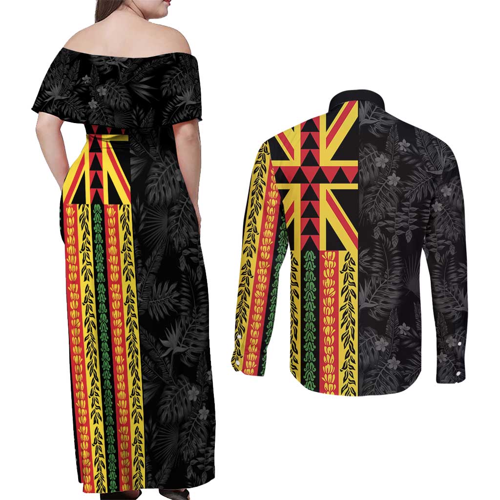 Hawaii Maoli Spirit Couples Matching Off Shoulder Maxi Dress and Long Sleeve Button Shirt Kakau Pattern With Flower Lei - Polynesian Pride