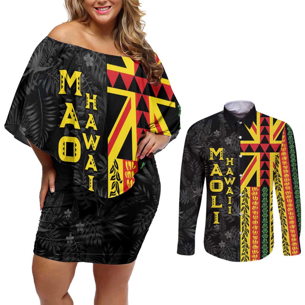 Hawaii Maoli Spirit Couples Matching Off Shoulder Short Dress and Long Sleeve Button Shirt Kakau Pattern With Flower Lei - Polynesian Pride