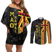 Hawaii Maoli Spirit Couples Matching Off Shoulder Short Dress and Long Sleeve Button Shirt Kakau Pattern With Flower Lei - Polynesian Pride