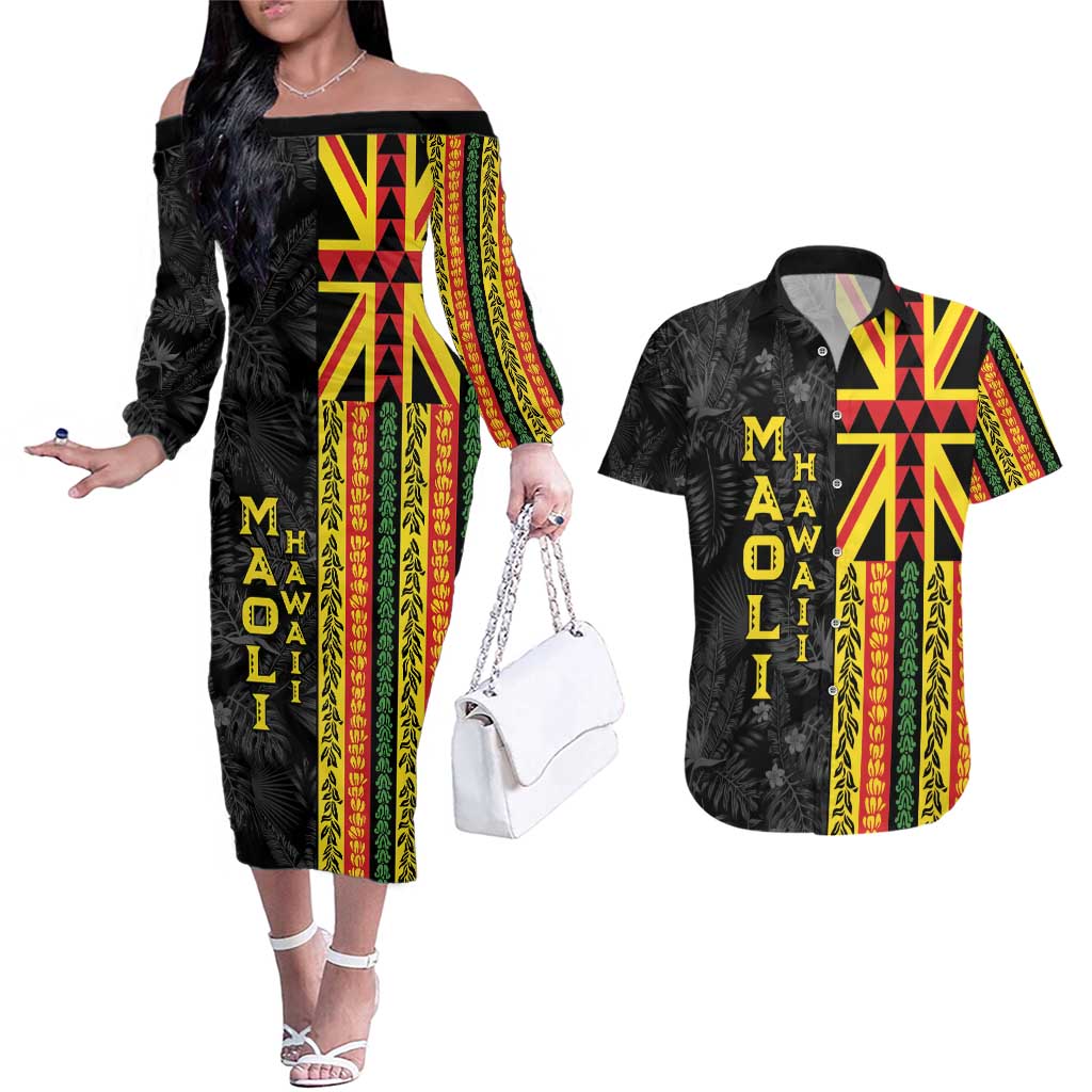 Hawaii Maoli Spirit Couples Matching Off The Shoulder Long Sleeve Dress and Hawaiian Shirt Kakau Pattern With Flower Lei - Polynesian Pride