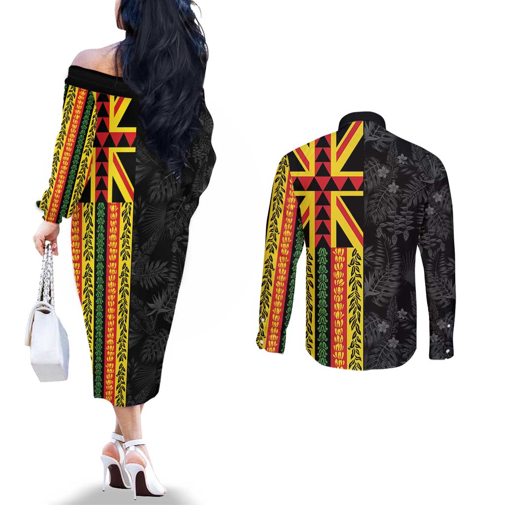Hawaii Maoli Spirit Couples Matching Off The Shoulder Long Sleeve Dress and Long Sleeve Button Shirt Kakau Pattern With Flower Lei - Polynesian Pride