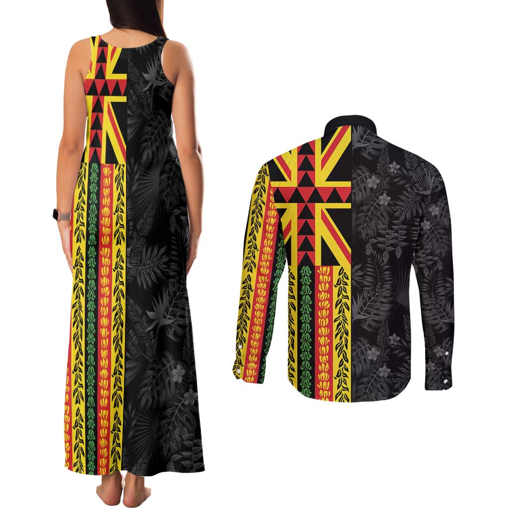 Hawaii Maoli Spirit Couples Matching Tank Maxi Dress and Long Sleeve Button Shirt Kakau Pattern With Flower Lei - Polynesian Pride