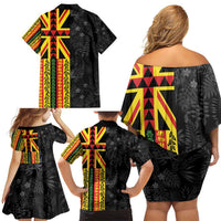 Hawaii Maoli Spirit Family Matching Off Shoulder Short Dress and Hawaiian Shirt Kakau Pattern With Flower Lei - Polynesian Pride