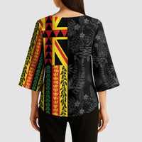 Hawaii Maoli Spirit Kimono Sleeve Blouse Kakau Pattern With Flower Lei - Polynesian Pride