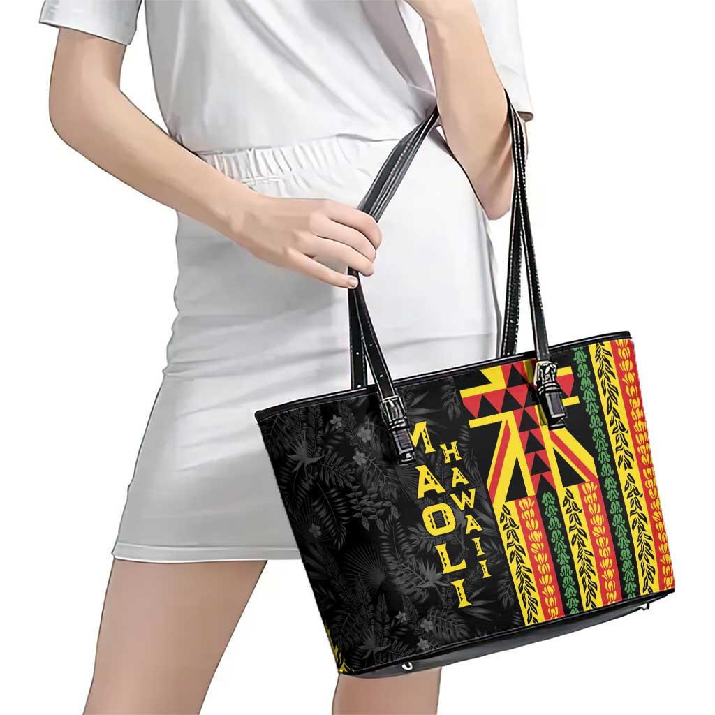 Hawaii Maoli Spirit Leather Tote Bag Kakau Pattern With Flower Lei - Polynesian Pride