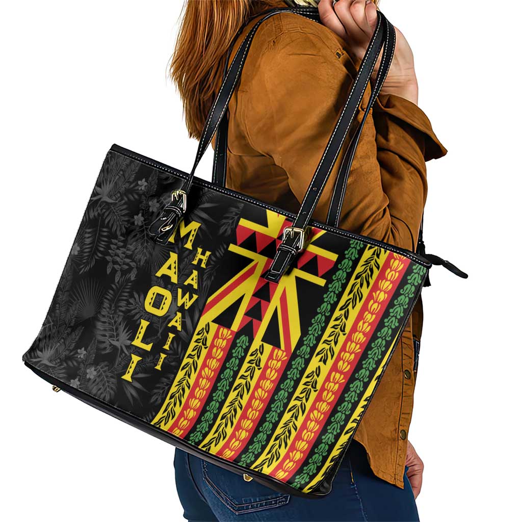 Hawaii Maoli Spirit Leather Tote Bag Kakau Pattern With Flower Lei - Polynesian Pride
