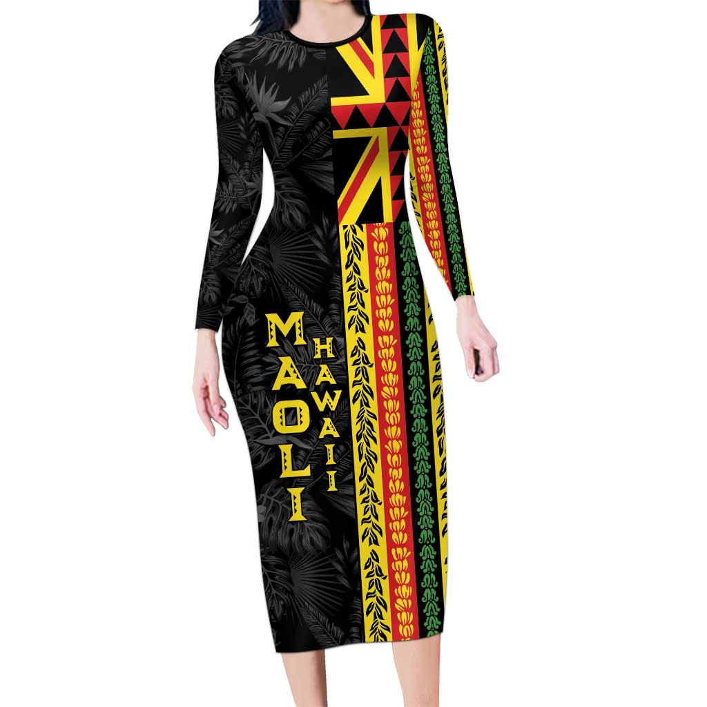 Hawaii Maoli Spirit Long Sleeve Bodycon Dress Kakau Pattern With Flower Lei LT05 Long Dress Black - Polynesian Pride