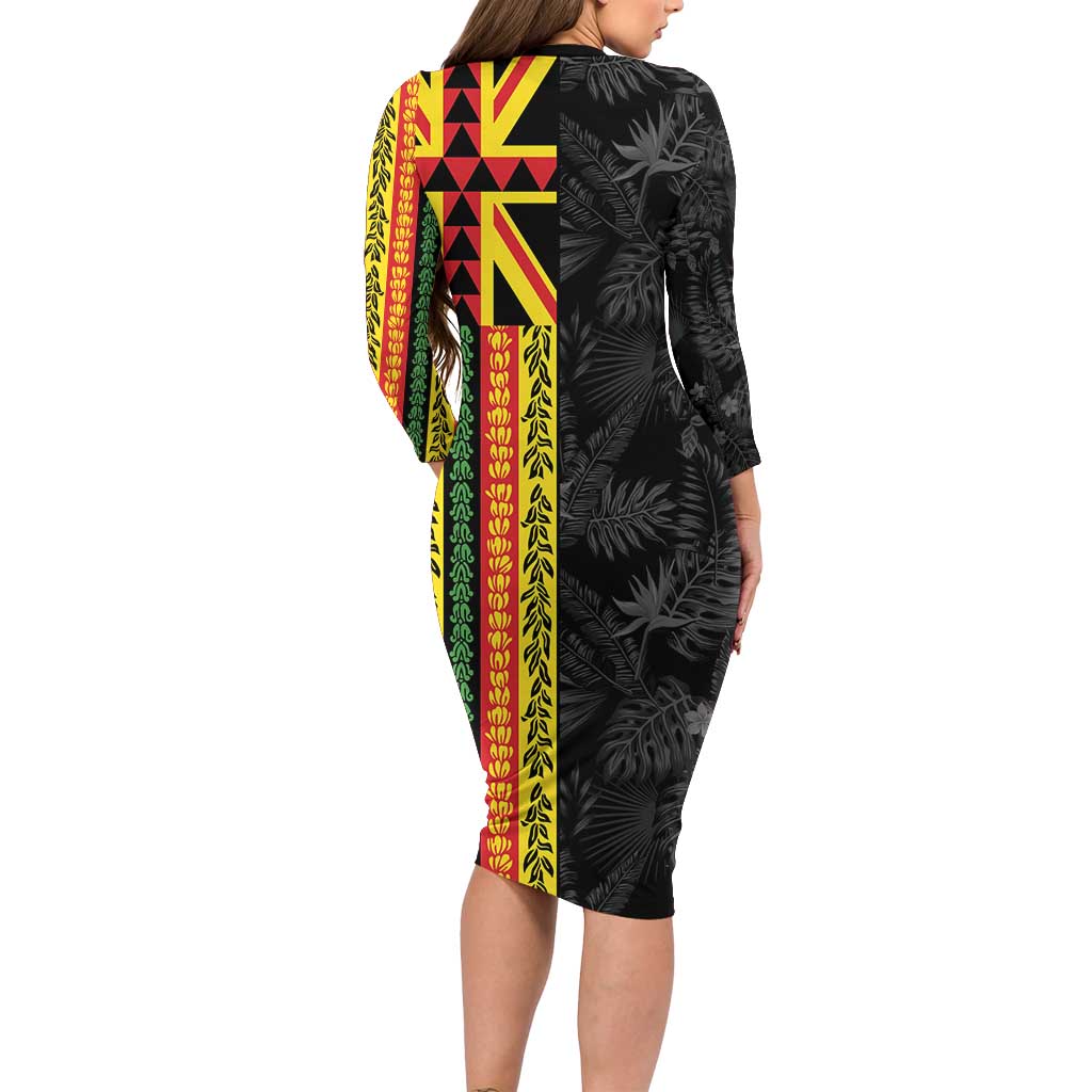 Hawaii Maoli Spirit Long Sleeve Bodycon Dress Kakau Pattern With Flower Lei - Polynesian Pride
