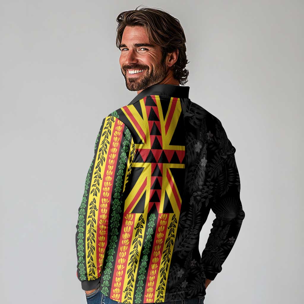 Hawaii Maoli Spirit Long Sleeve Polo Shirt Kakau Pattern With Flower Lei - Polynesian Pride
