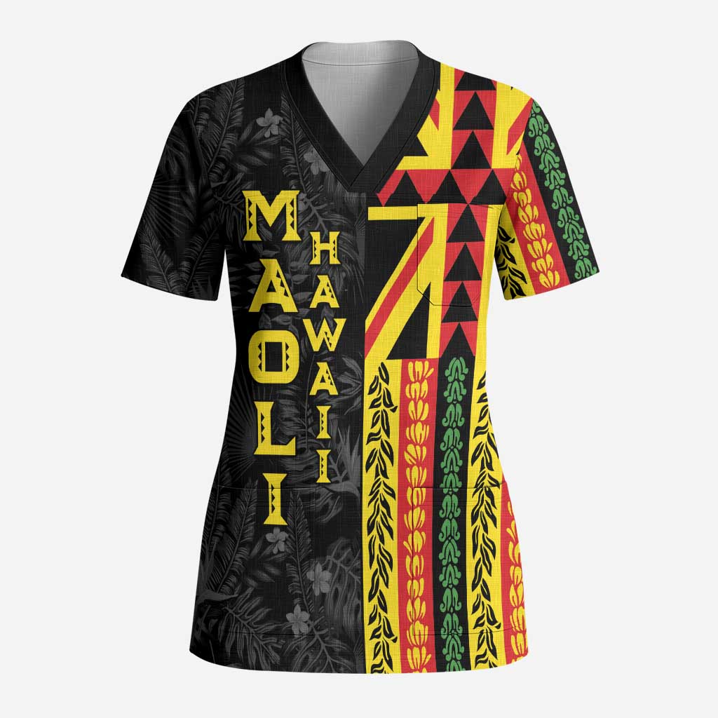 Hawaii Maoli Spirit Scrub Top Kakau Pattern With Flower Lei - Polynesian Pride
