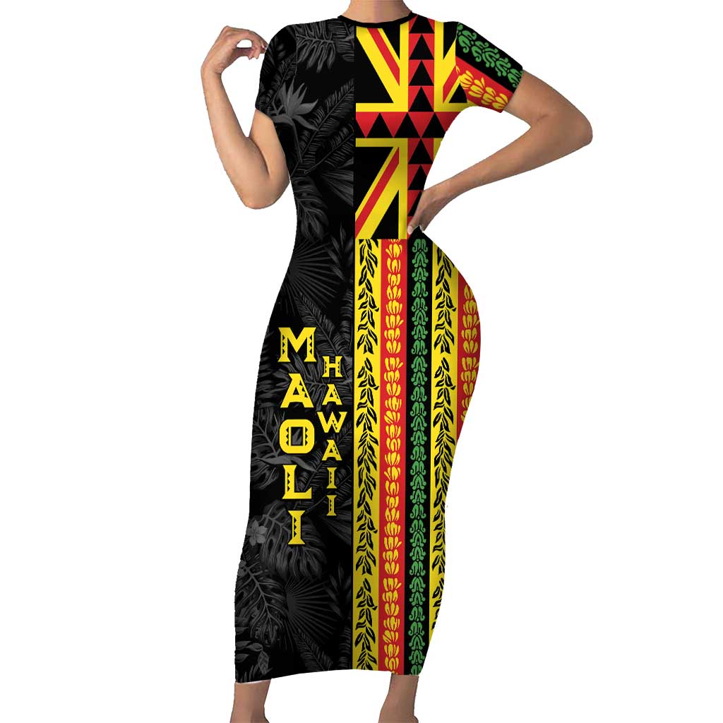 Hawaii Maoli Spirit Short Sleeve Bodycon Dress Kakau Pattern With Flower Lei - Polynesian Pride