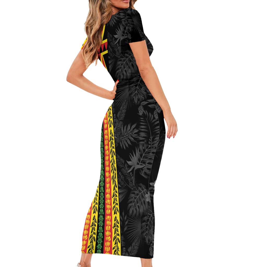 Hawaii Maoli Spirit Short Sleeve Bodycon Dress Kakau Pattern With Flower Lei - Polynesian Pride