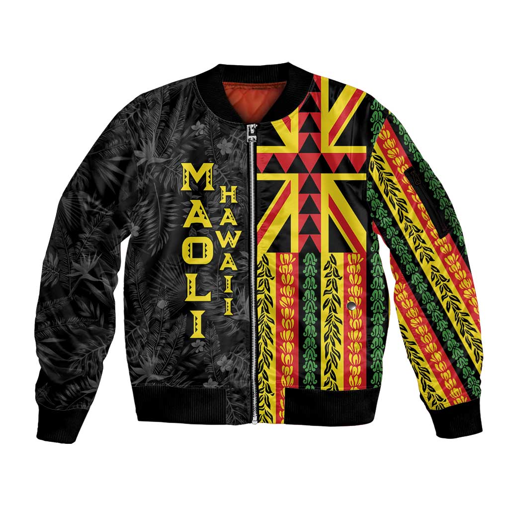Hawaii Maoli Spirit Sleeve Zip Bomber Jacket Kakau Pattern With Flower Lei LT05 Unisex Black - Polynesian Pride
