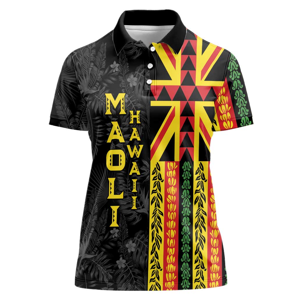 Hawaii Maoli Spirit Women Polo Shirt Kakau Pattern With Flower Lei LT05 Female Black - Polynesian Pride