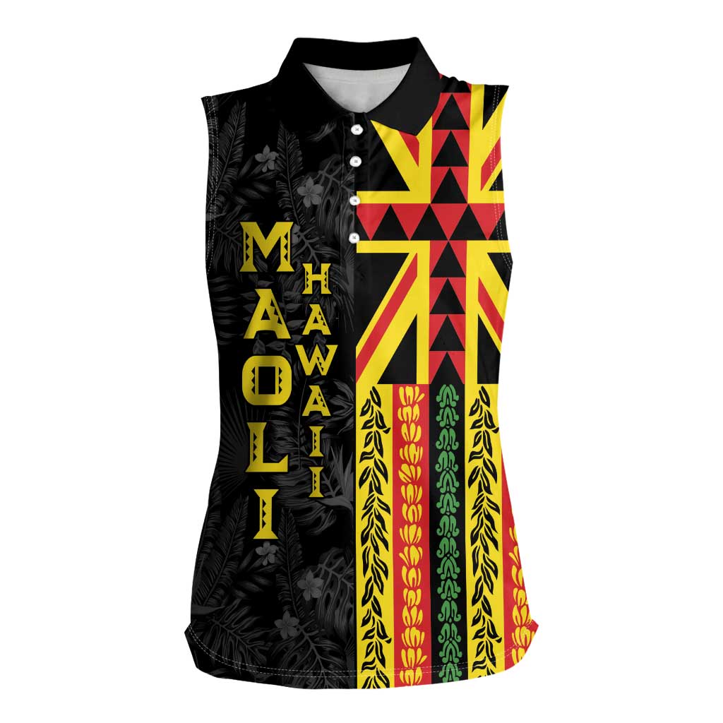 Hawaii Maoli Spirit Women Sleeveless Polo Shirt Kakau Pattern With Flower Lei - Polynesian Pride