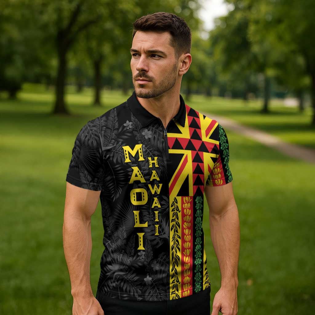 Hawaii Maoli Spirit Zipper Polo Shirt Kakau Pattern With Flower Lei - Polynesian Pride
