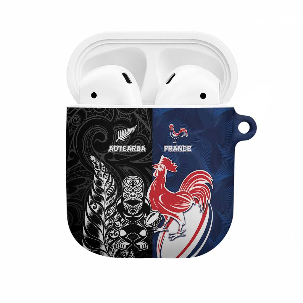 France And New Zealand Rugby AirPods Case Les Bleus Rooster With Maori Tiki LT05 Black - Polynesian Pride