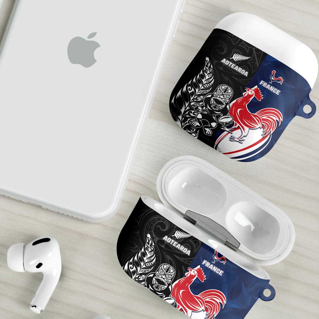 France And New Zealand Rugby AirPods Case Les Bleus Rooster With Maori Tiki - Polynesian Pride