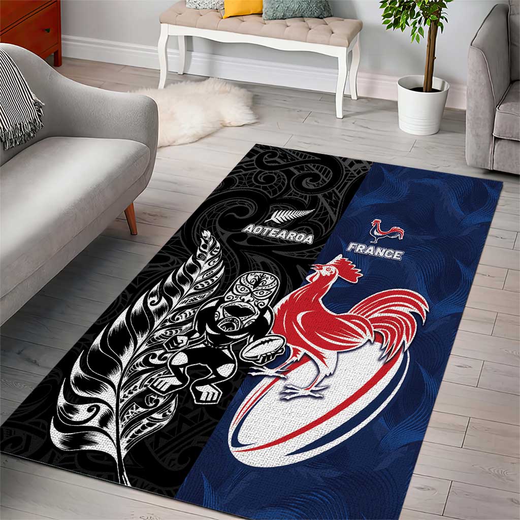 France And New Zealand Rugby Area Rug Les Bleus Rooster With Maori Tiki - Polynesian Pride