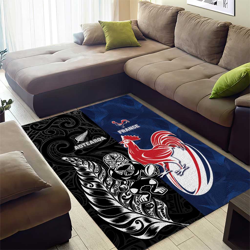 France And New Zealand Rugby Area Rug Les Bleus Rooster With Maori Tiki - Polynesian Pride