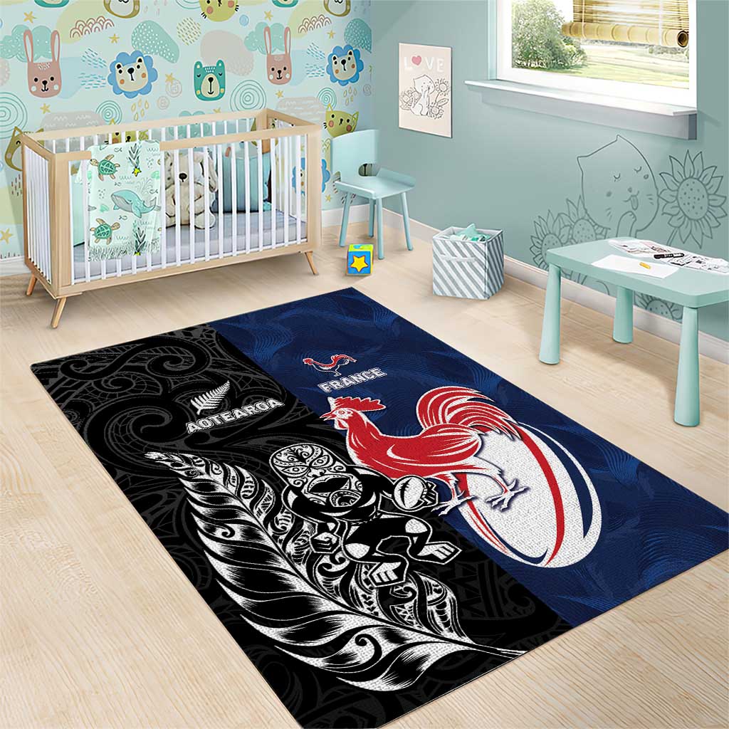 France And New Zealand Rugby Area Rug Les Bleus Rooster With Maori Tiki - Polynesian Pride