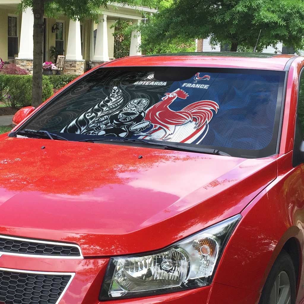 France And New Zealand Rugby Auto Sun Shade Les Bleus Rooster With Maori Tiki - Polynesian Pride