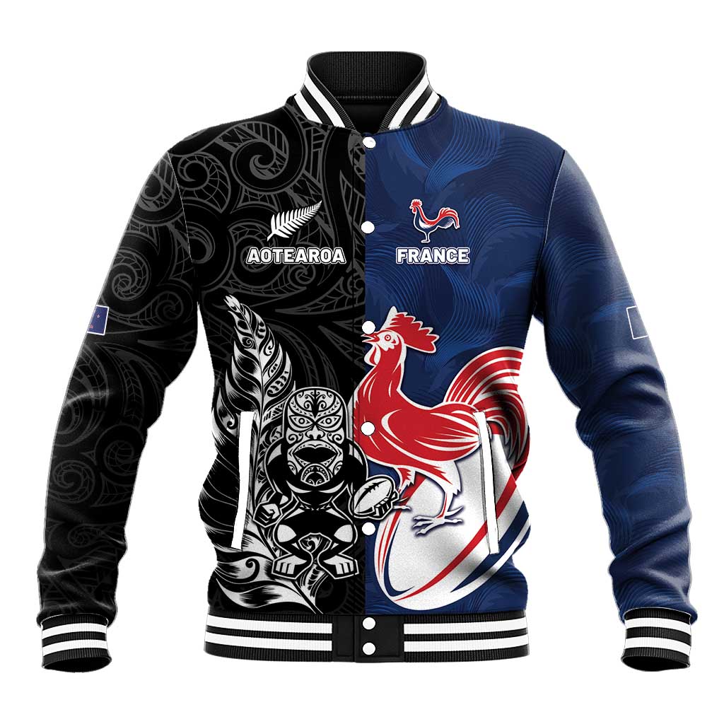 France And New Zealand Rugby Custom Baseball Jacket Les Bleus Rooster With Maori Tiki - Polynesian Pride