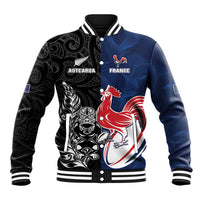 France And New Zealand Rugby Custom Baseball Jacket Les Bleus Rooster With Maori Tiki - Polynesian Pride