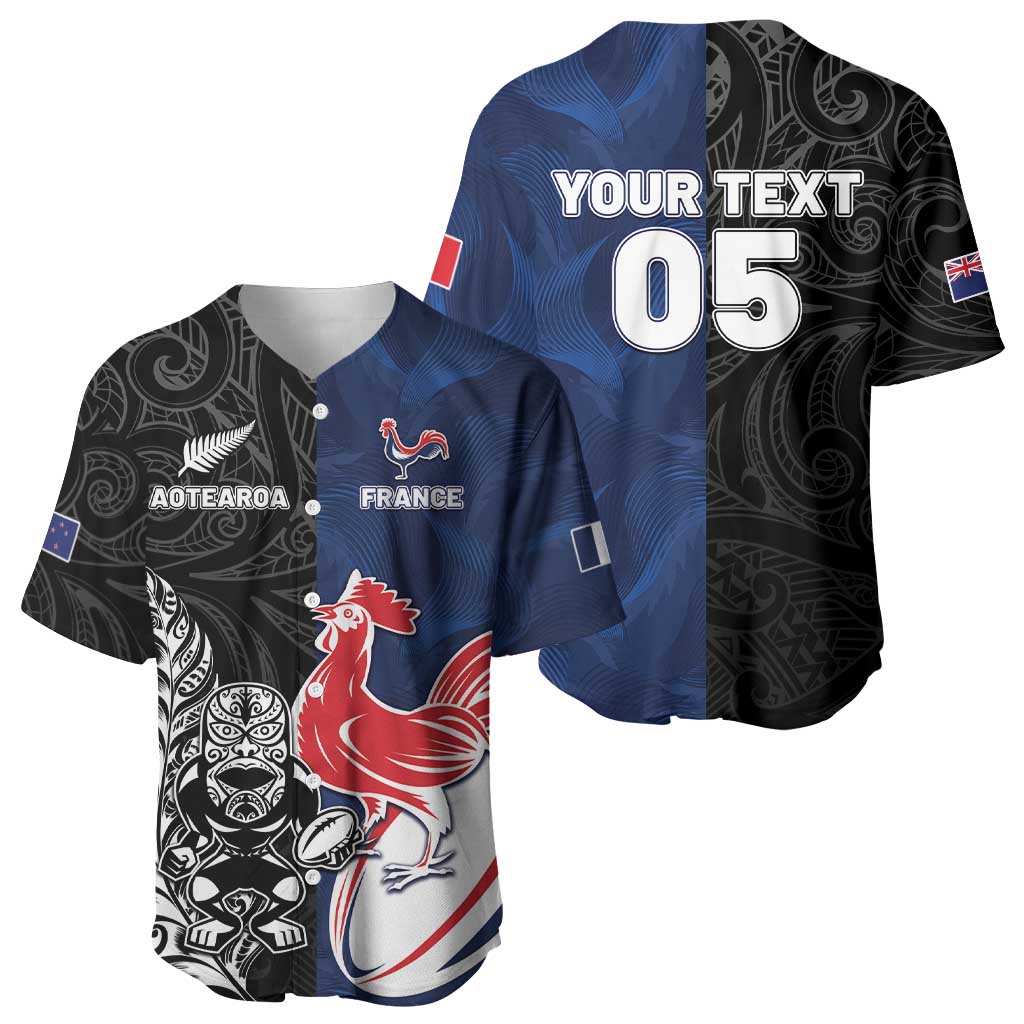 France And New Zealand Rugby Custom Baseball Jersey Les Bleus Rooster With Maori Tiki - Polynesian Pride