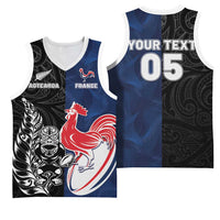 France And New Zealand Rugby Custom Basketball Jersey Les Bleus Rooster With Maori Tiki - Polynesian Pride