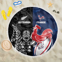 France And New Zealand Rugby Beach Blanket Les Bleus Rooster With Maori Tiki - Polynesian Pride