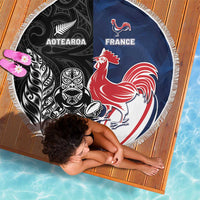 France And New Zealand Rugby Beach Blanket Les Bleus Rooster With Maori Tiki - Polynesian Pride