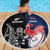 France And New Zealand Rugby Beach Blanket Les Bleus Rooster With Maori Tiki - Polynesian Pride