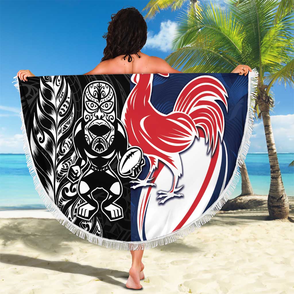 France And New Zealand Rugby Beach Blanket Les Bleus Rooster With Maori Tiki - Polynesian Pride