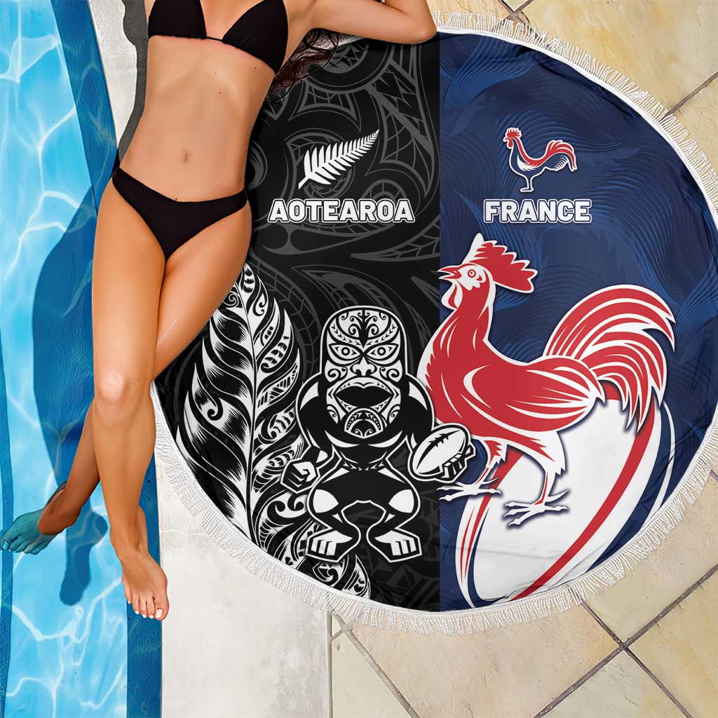France And New Zealand Rugby Beach Blanket Les Bleus Rooster With Maori Tiki - Polynesian Pride