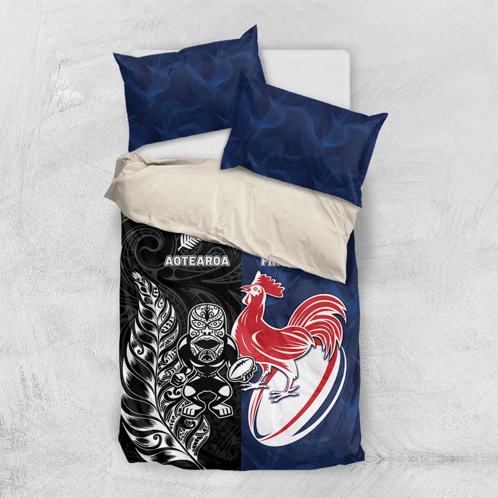 France And New Zealand Rugby Bedding Set Les Bleus Rooster With Maori Tiki - Polynesian Pride