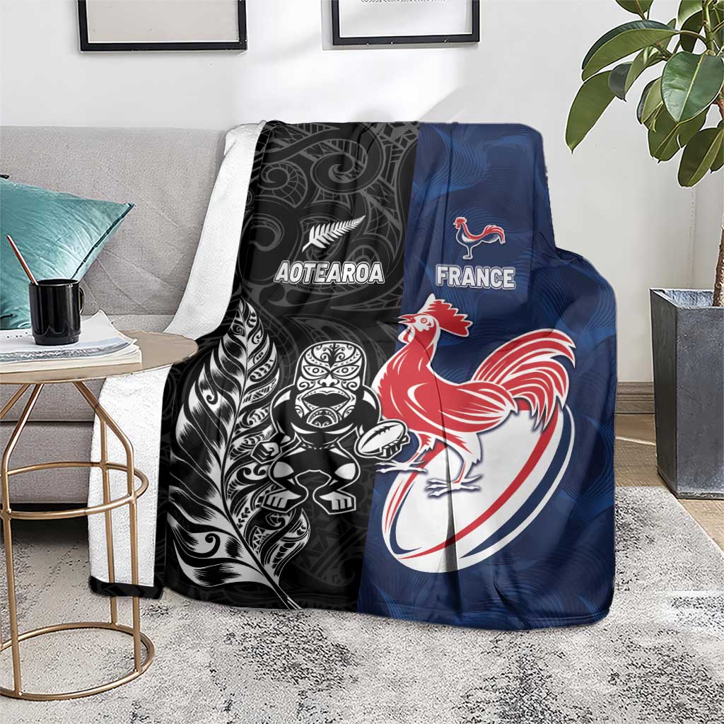 France And New Zealand Rugby Blanket Les Bleus Rooster With Maori Tiki - Polynesian Pride